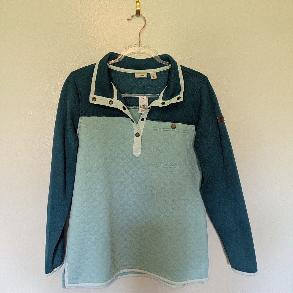 LL Bean Quilted Sweatshirt Mockneck Tunic Colorblock Turquoise Medium Petite
